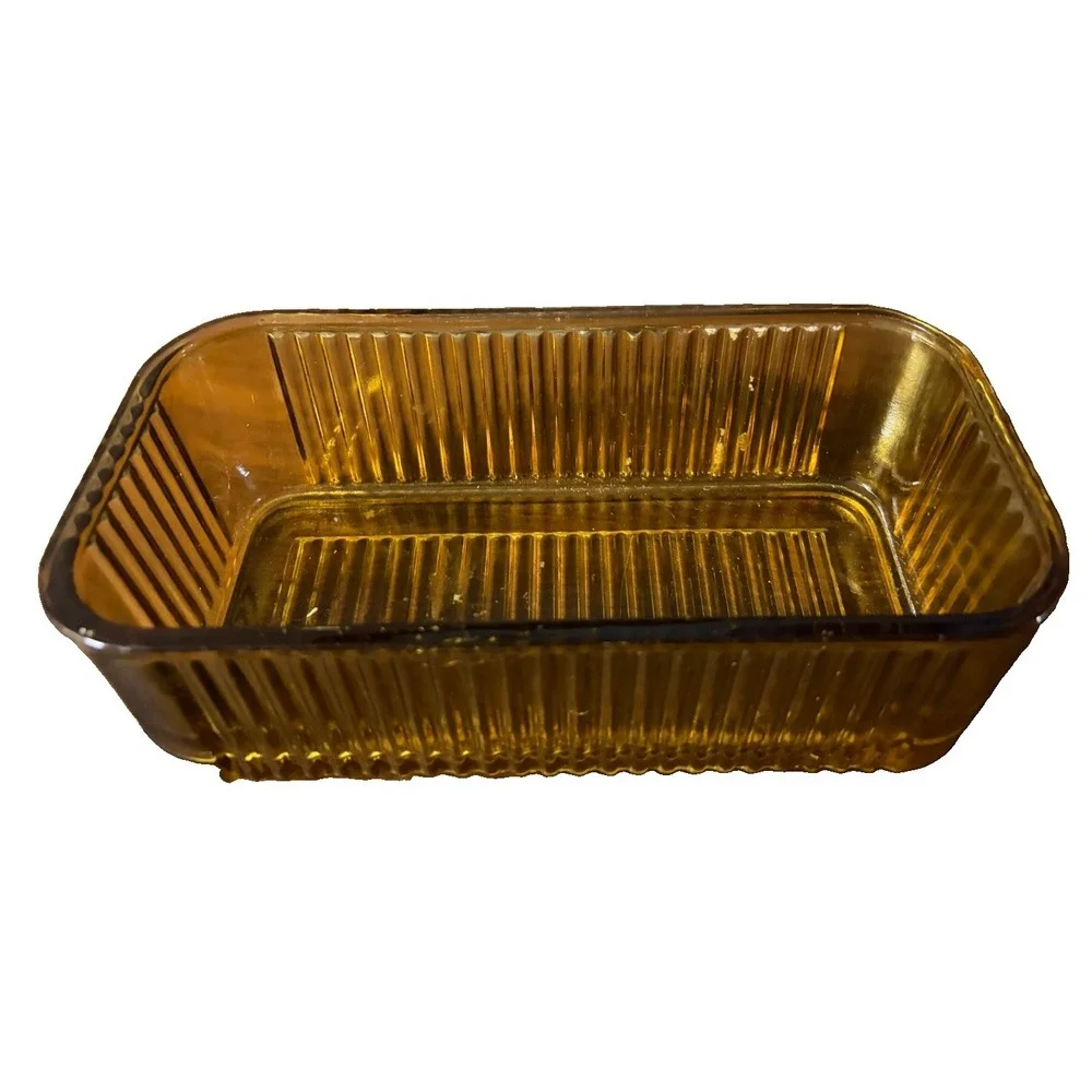 Vintage Amber Glass Rectangular Refrigerator Dish Ribbed Utility Container 8